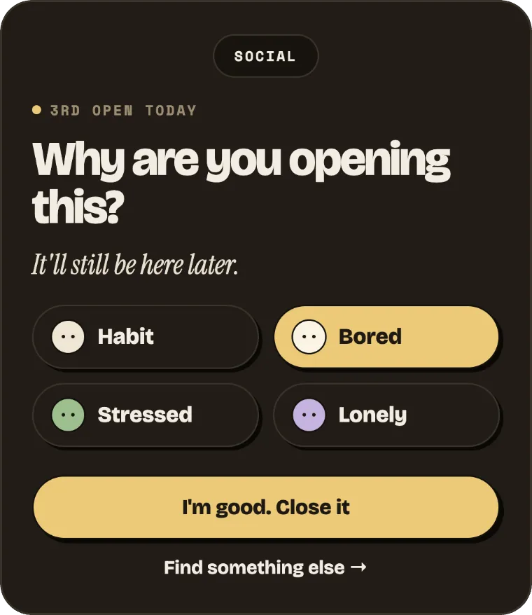 Refund asking why you're opening an app, with four answers: habit, bored, stressed or lonely.