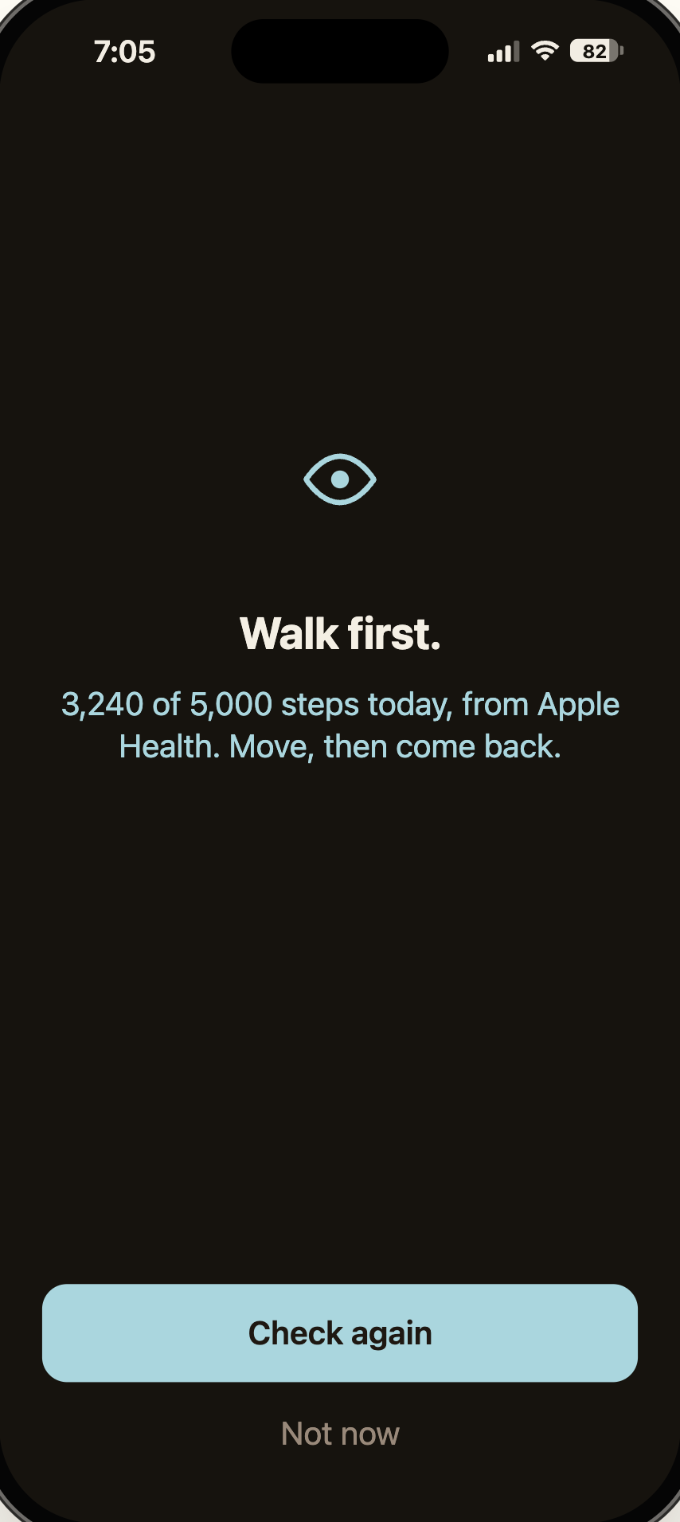 "Walk first": 3,240 of 5,000 steps today, from Apple Health.